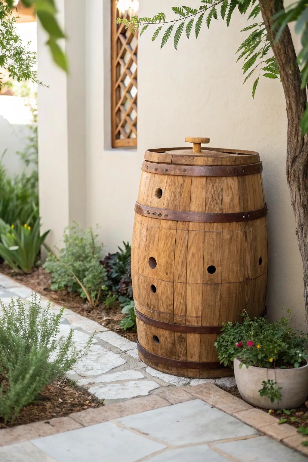 Upcycle with elegance: Transform an old barrel into a chic compost bin!