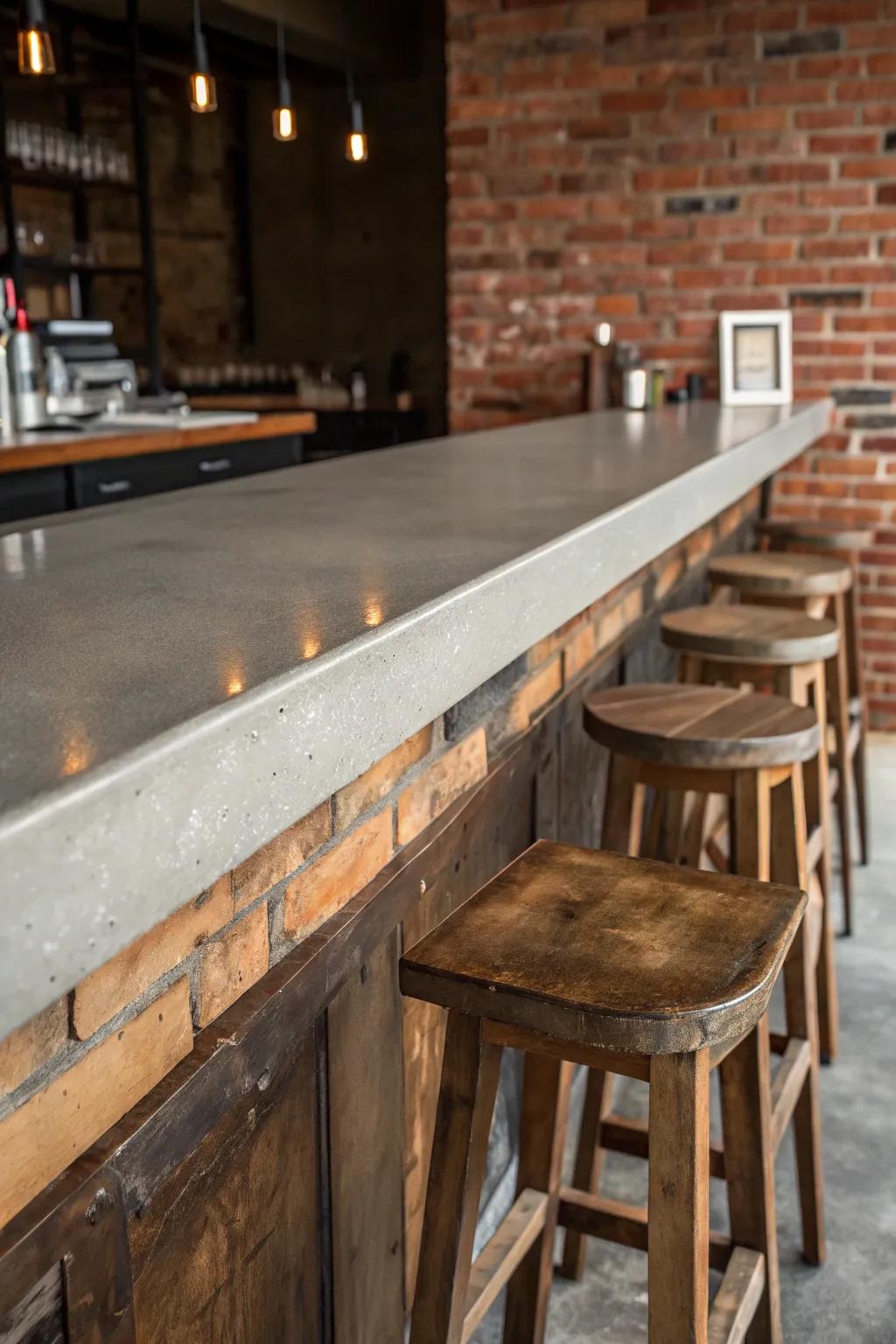 Where rugged meets refined: Discover the charm of a concrete bar top with rustic accents.