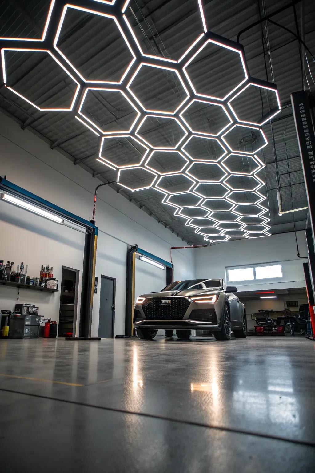 Transform your garage into a masterpiece with geometric LED lighting that blends form and function.