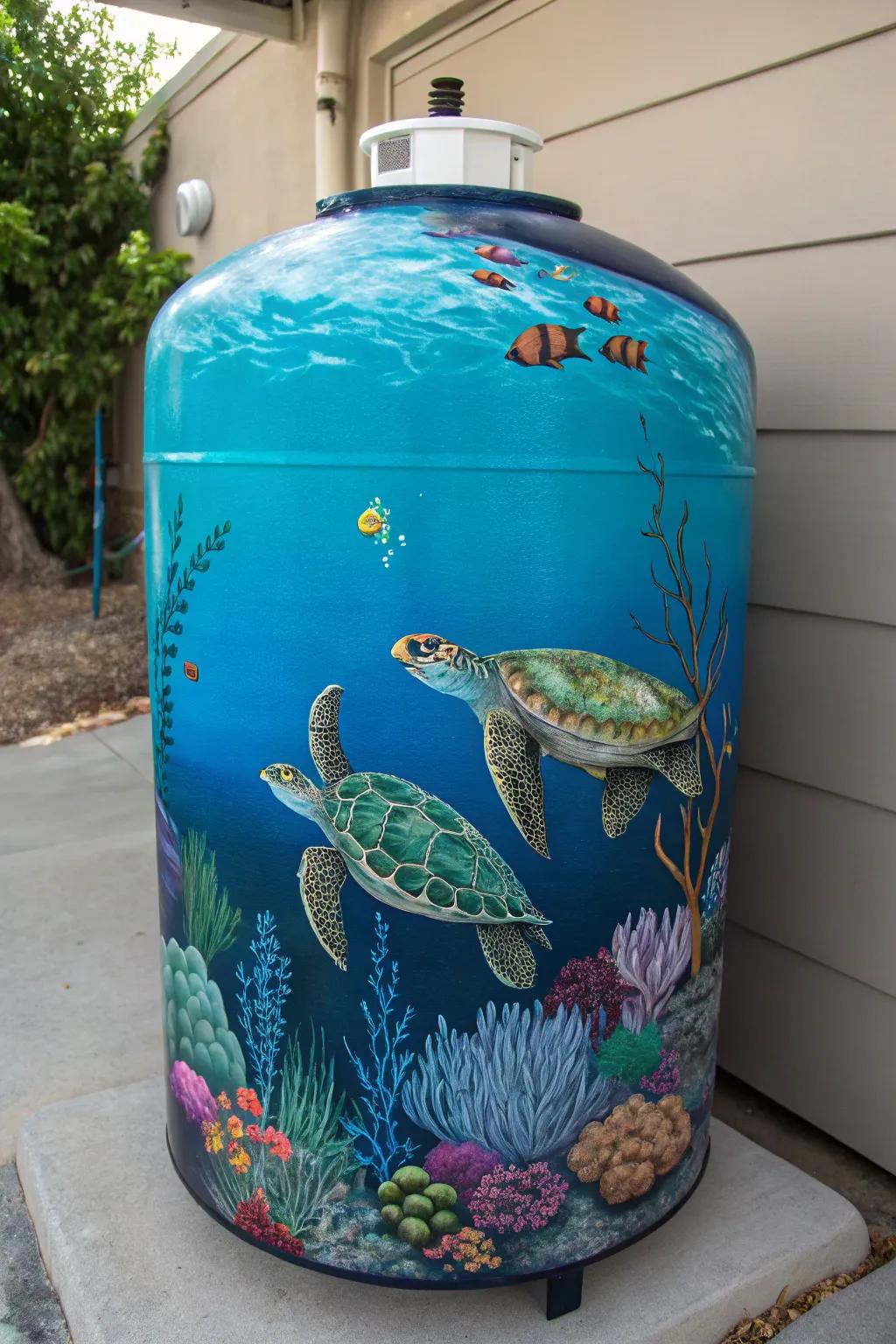 Transform your backyard with this stunning underwater-themed propane tank, bringing the ocean's beauty to your home.