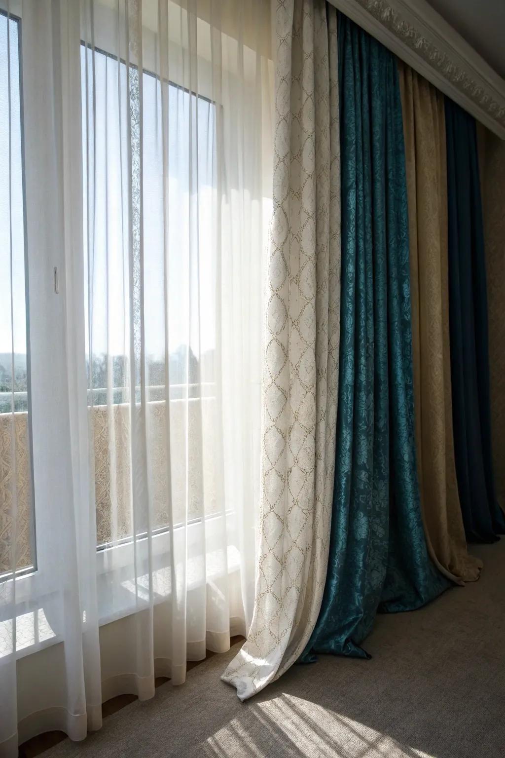 Layered curtains add depth and texture.