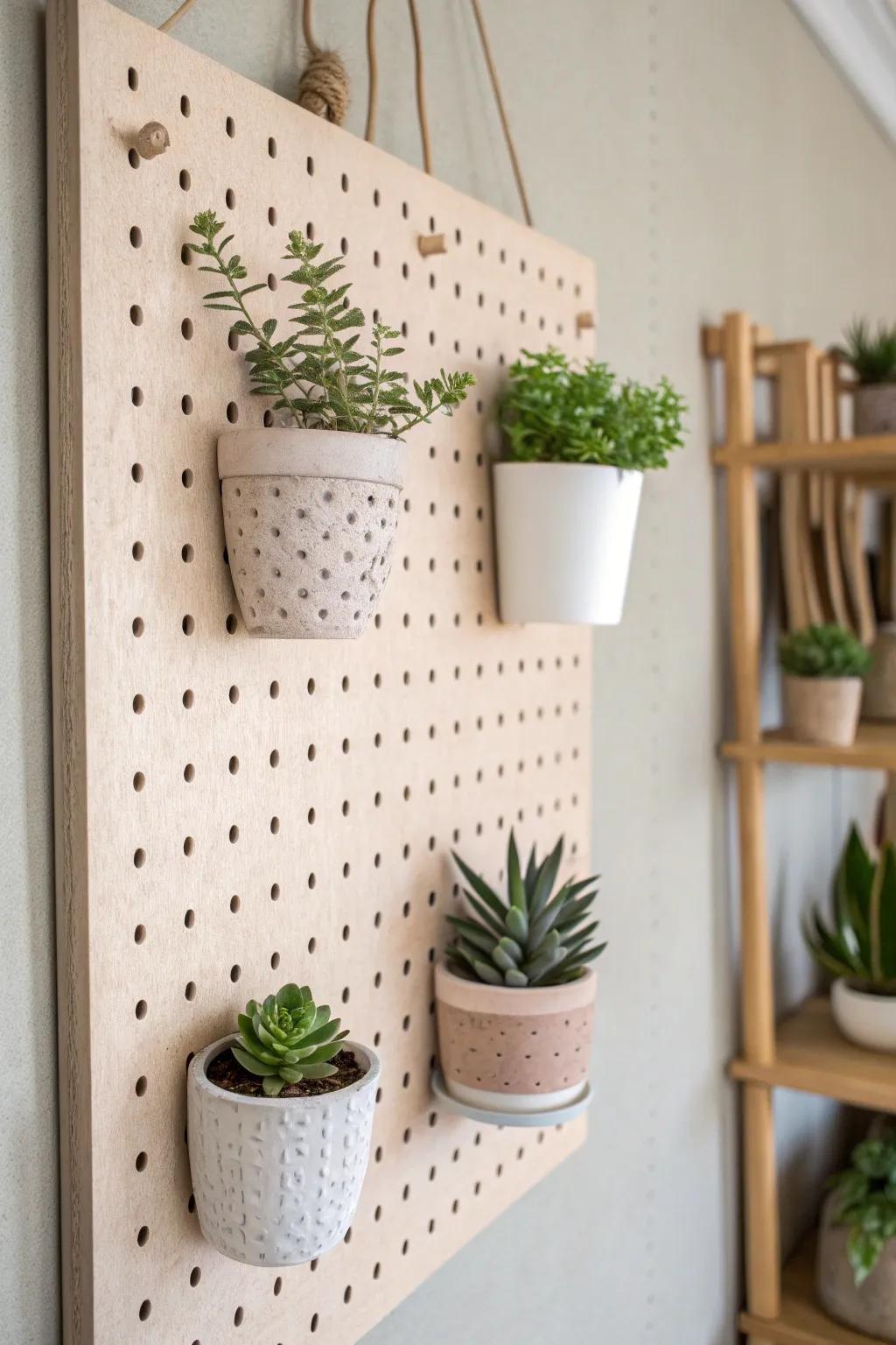 Elevate your craft room with a touch of green elegance—mini plant holders on a minimalist pegboard.