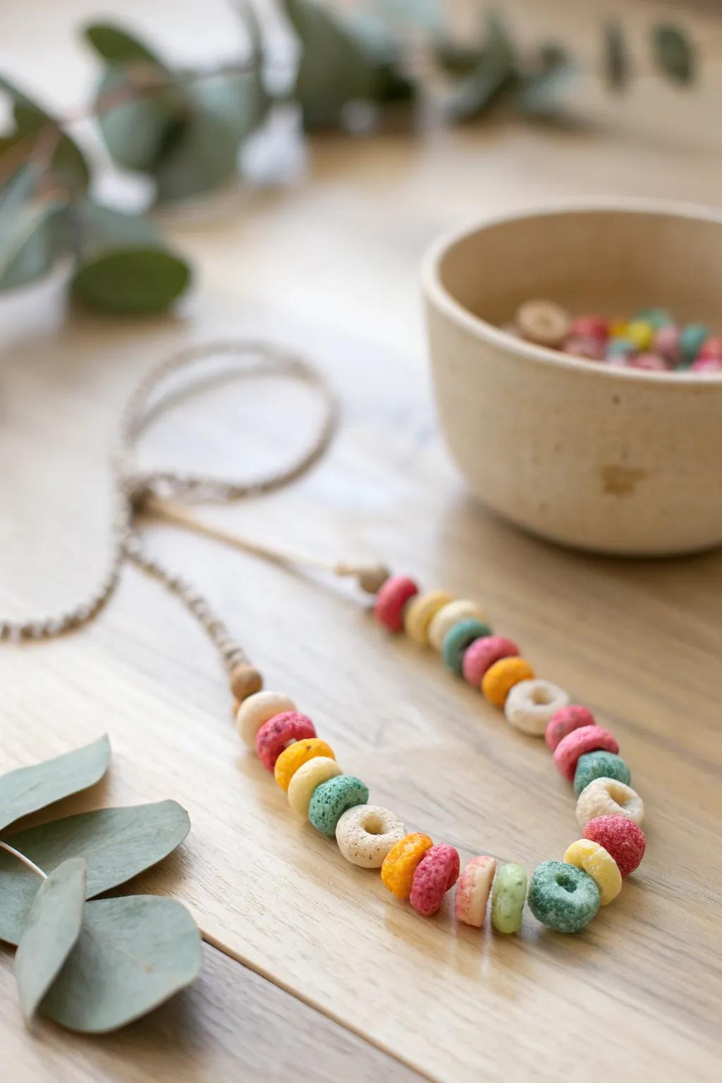 Craft a colorful moment: Delight in the simplicity and joy of creating Fruit Loop necklaces, perfect for little hands at family reunions.