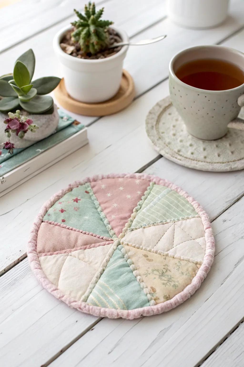 Charming and eco-friendly, these upcycled fabric coasters add a touch of handcrafted beauty to any space.