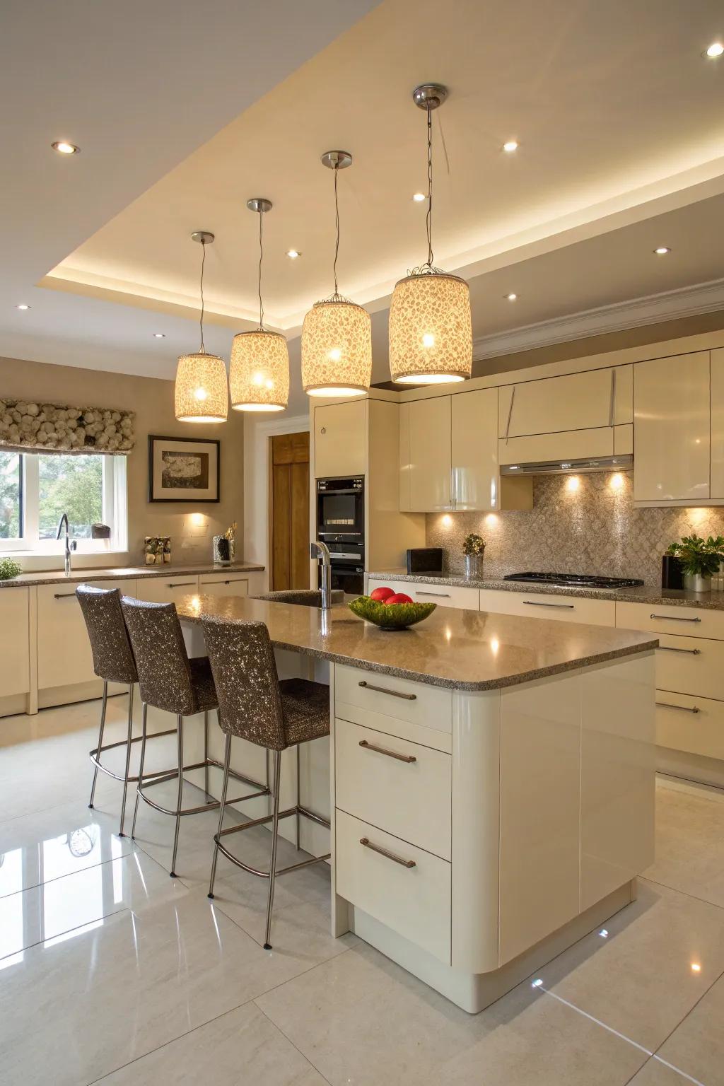 Statement pendant lights providing both style and functionality in a cream gloss kitchen.