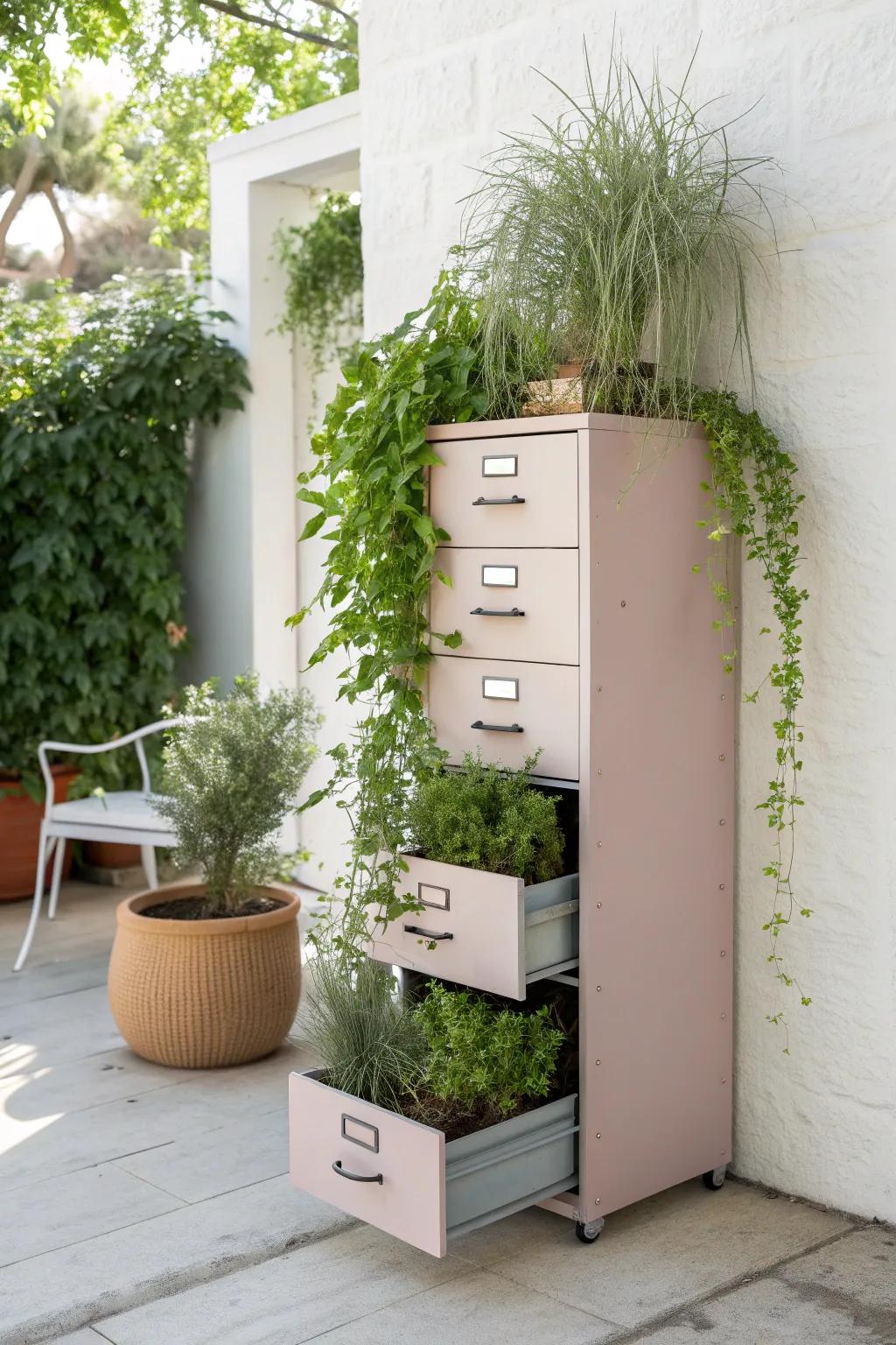 Transform your old filing cabinet into a stunning vertical herb garden.