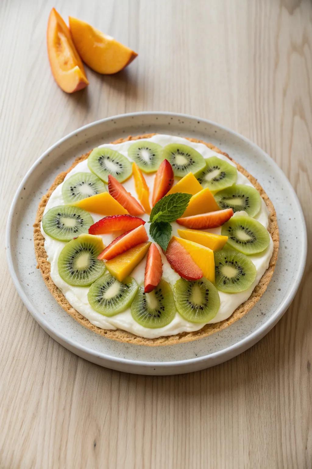 Experience a slice of tropical paradise with this minimalist fruit pizza, where simplicity meets exotic elegance.