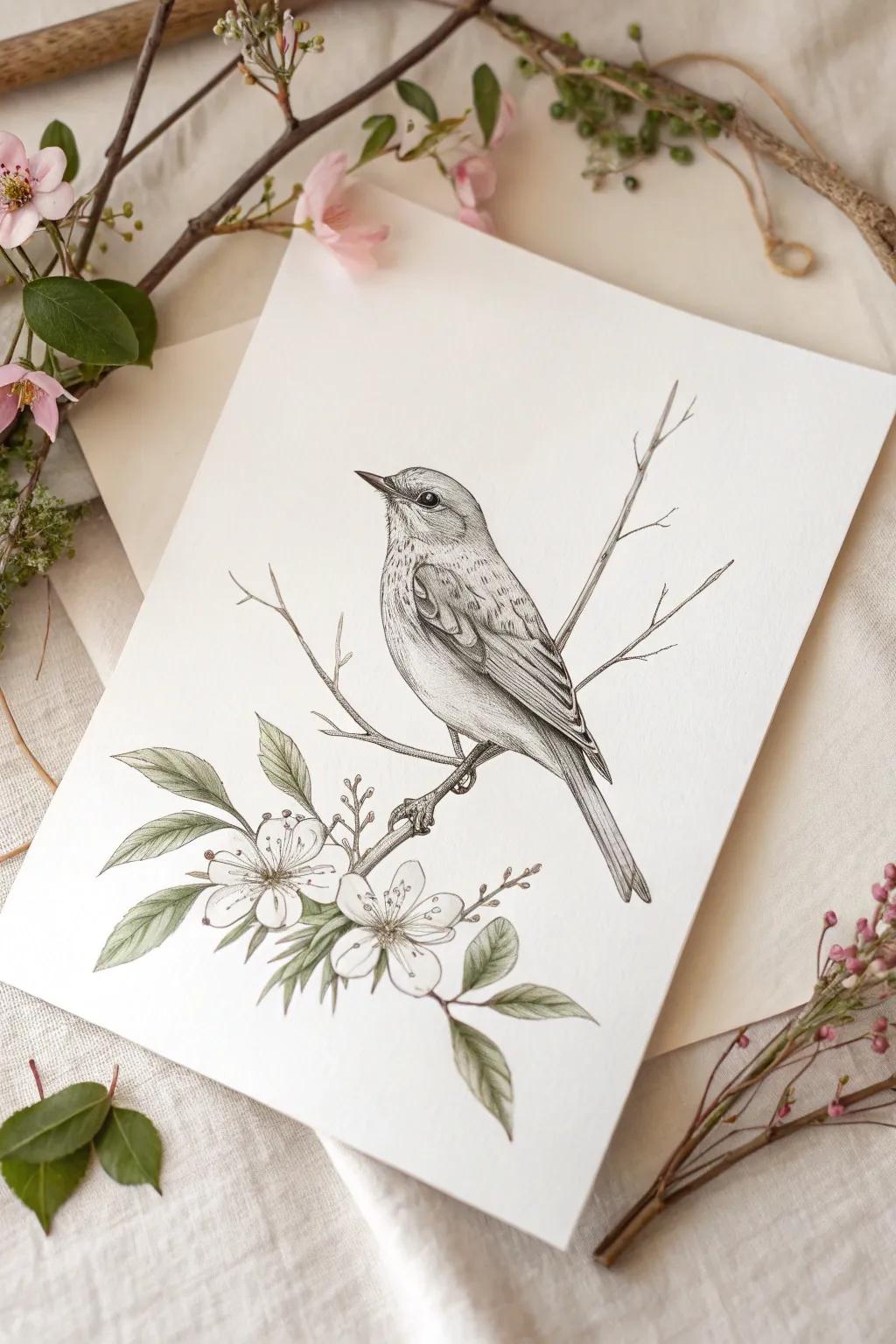 Explore the whimsical charm of nature with this elegant pencil drawing of a bird embracing minimalist beauty.
