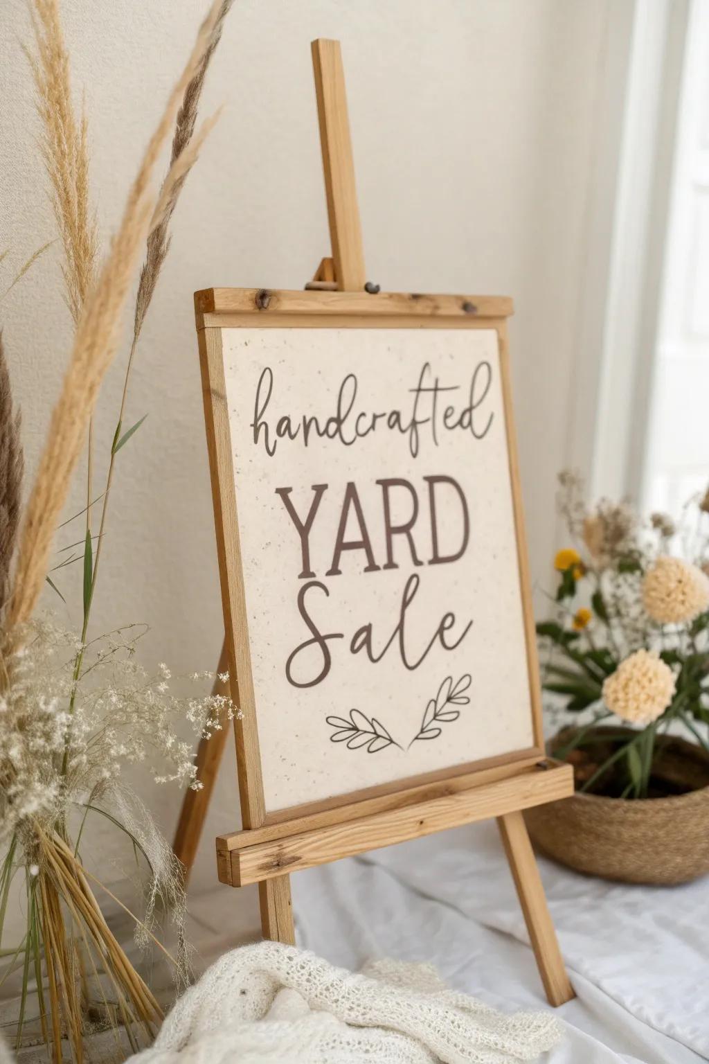 Add a personal touch to your yard sale with charming handwritten signs that speak to simplicity and natural beauty.