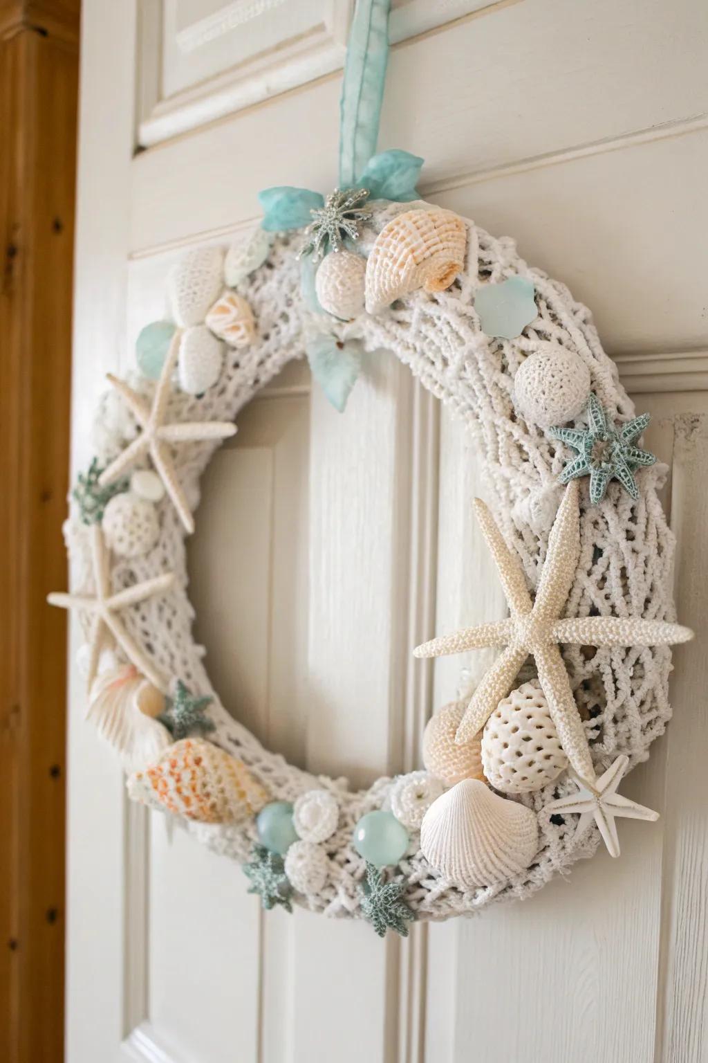 Transform your entryway into a seaside sanctuary with this stunning crochet seashell wreath, capturing the essence of a tranquil beach escape.