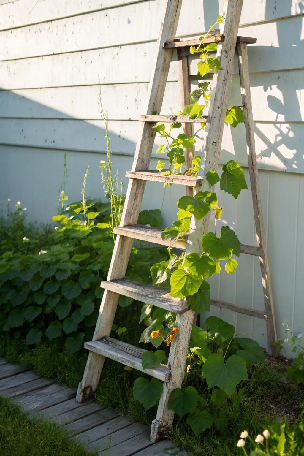 Transform your garden with a touch of rustic elegance: The upcycled ladder trellis.