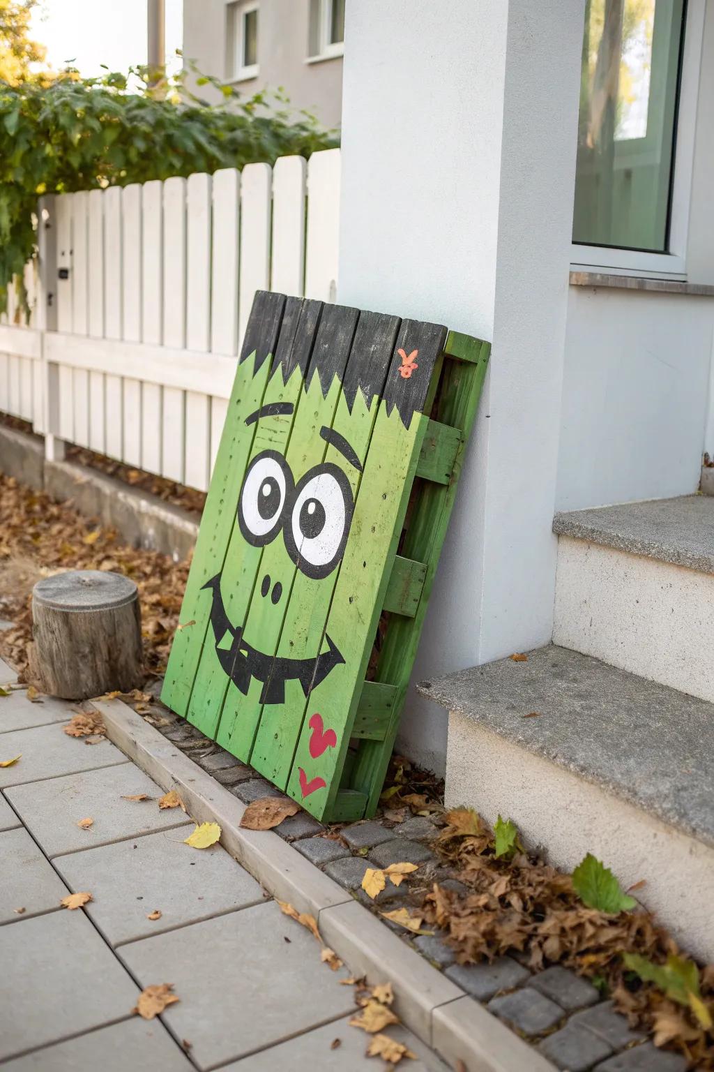 Add a playful touch to your Halloween decor with this adorable Pallet Pal Frankenstein!