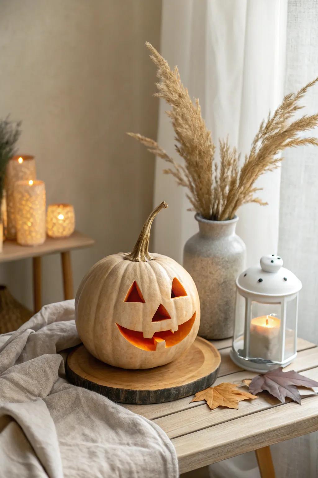 Bring a touch of joy to your Halloween with a smiling jack o'lantern that embodies simplicity and charm.