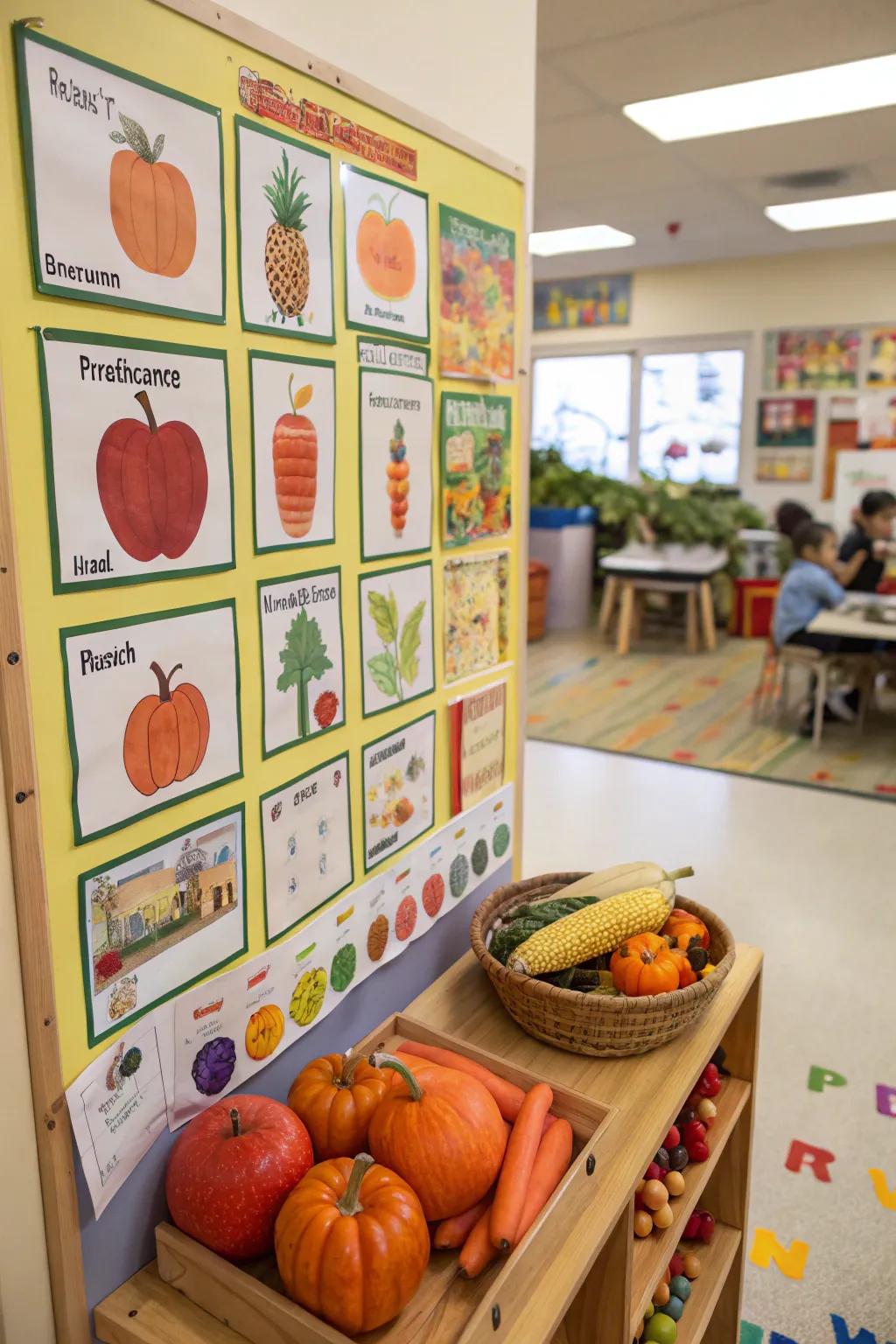 Harvest Festival board with farm produce and mini pumpkins.