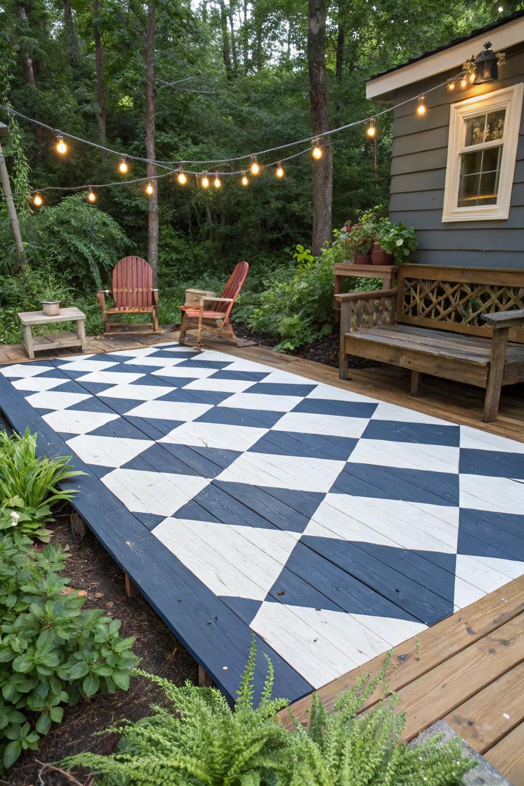 Transform your outdoor space with Checkerboard Chic: A bold, retro deck design that turns heads.