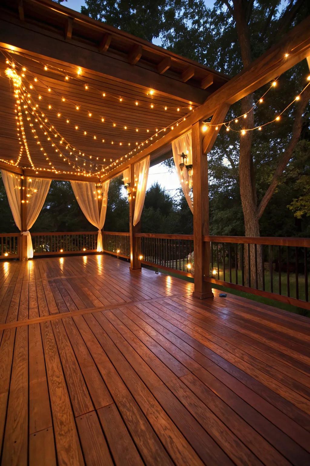 Transform your outdoor space with ambient lighting that highlights the beauty of a richly stained deck.
