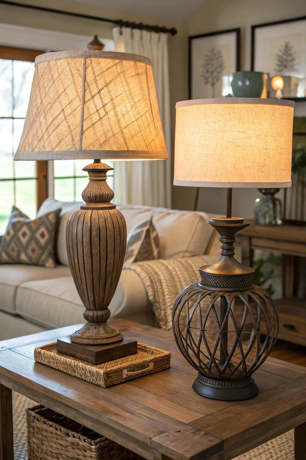 Rustic and modern lamps create an eclectic vibe.