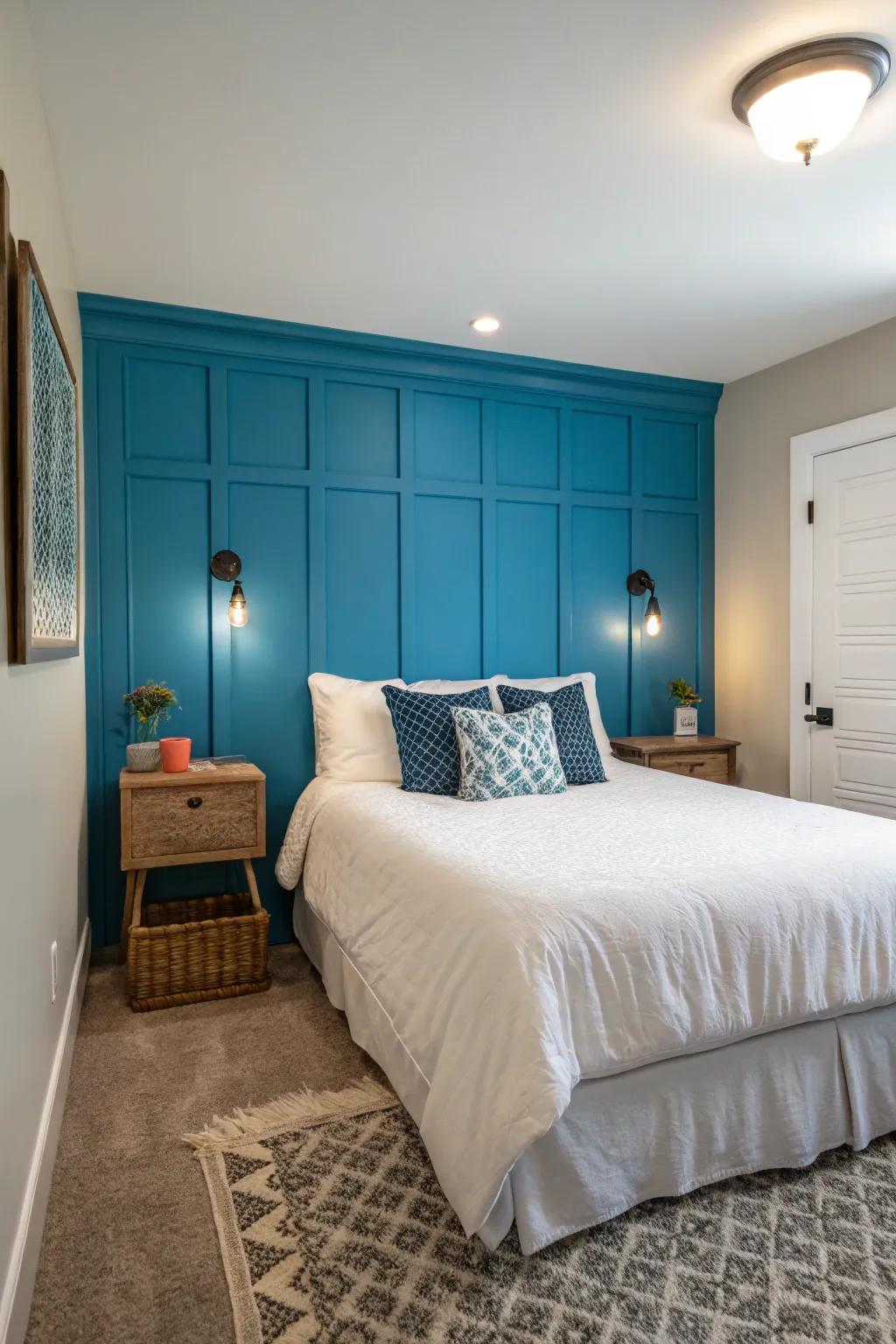 A bold accent wall adds character to a small bedroom.