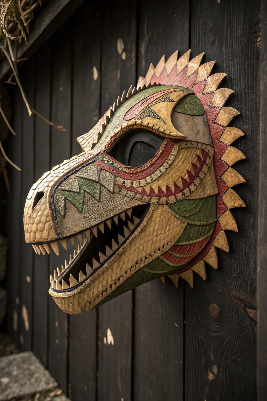 Craftsmanship meets creativity: A recycled dinosaur mask that sparks conversation.