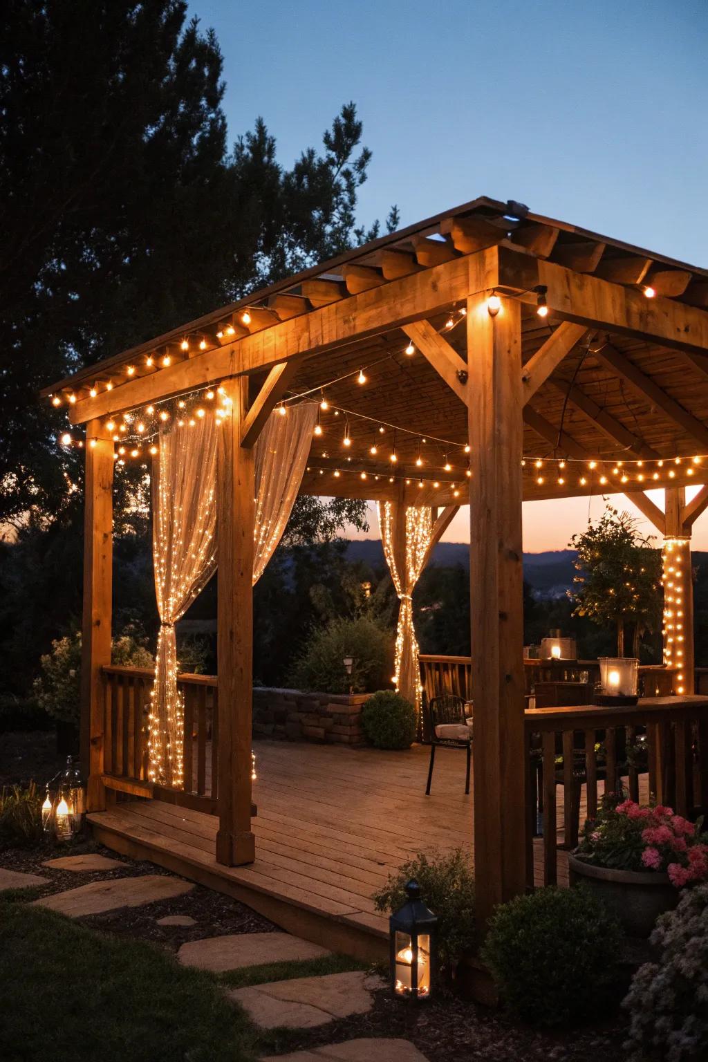 Transform your backyard pavilion into a magical retreat with enchanting fairy lights.
