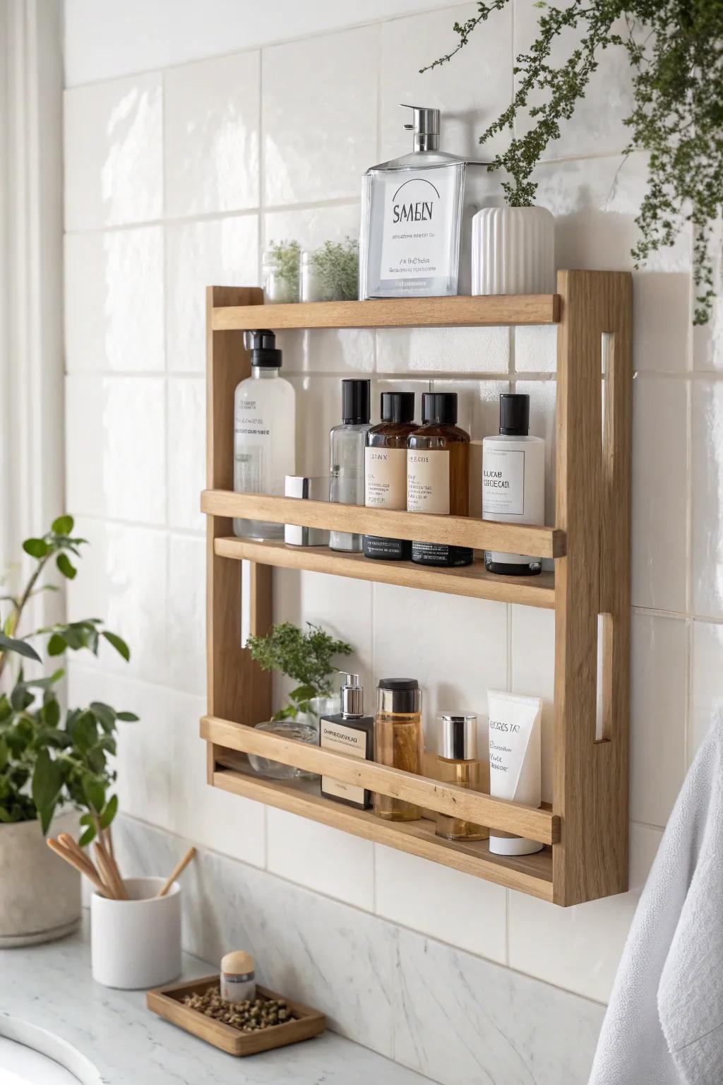Transform your bathroom with a touch of minimalist elegance using chic spice racks for stylish storage.