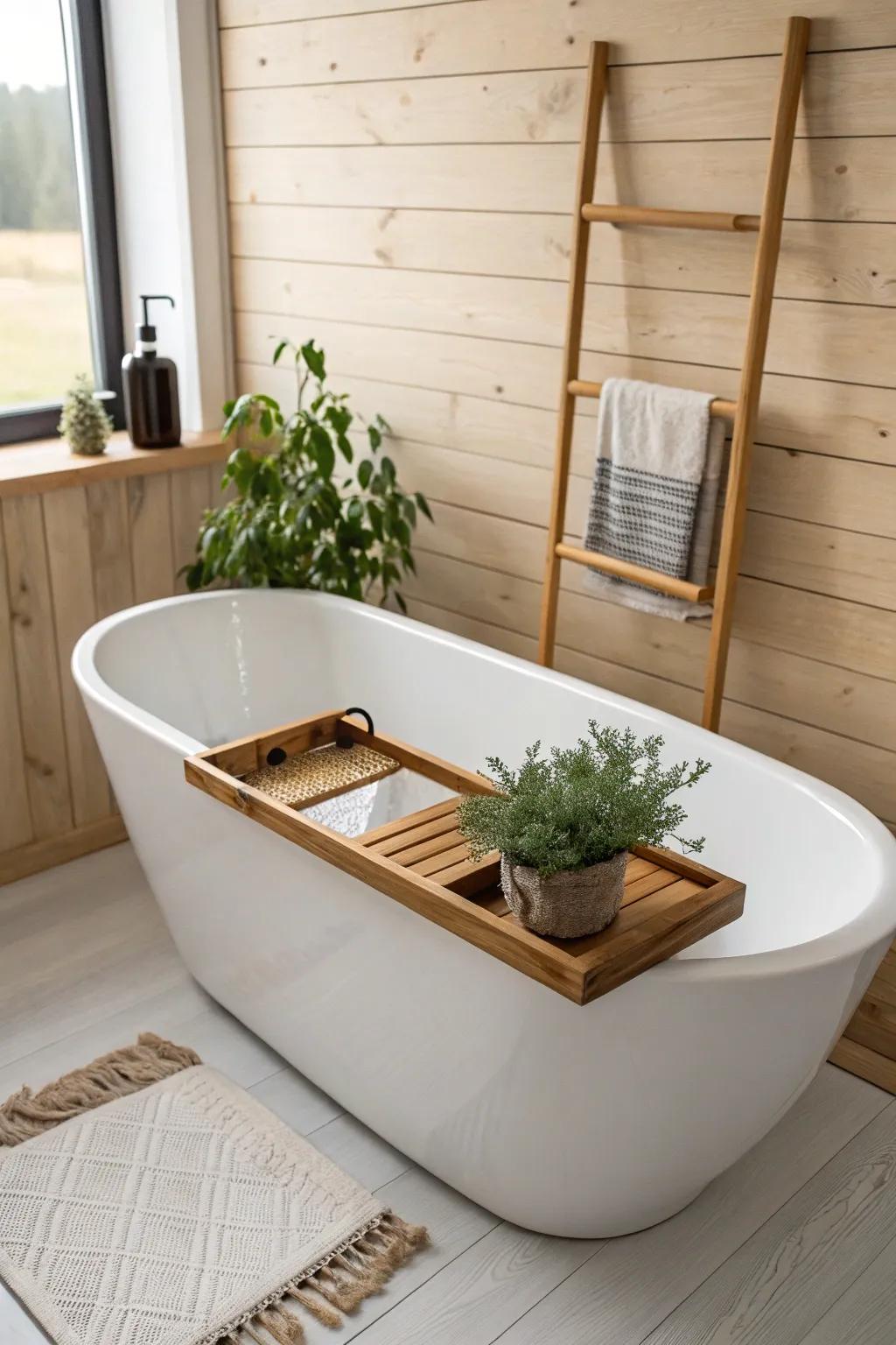 Transform your bath into a serene escape by merging natural elements with minimalist design.