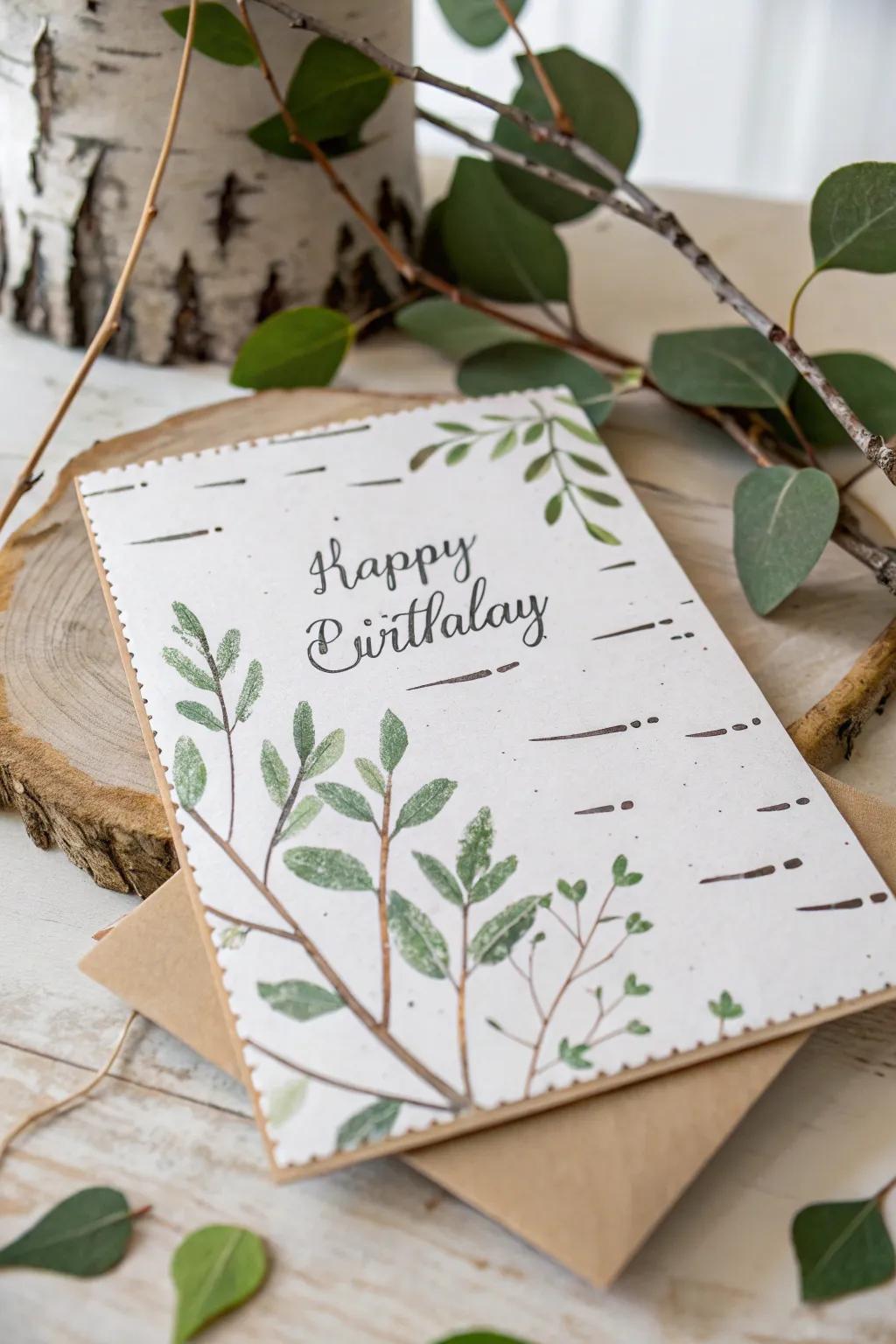 Embrace nature's beauty with this rustic birch bark birthday card.