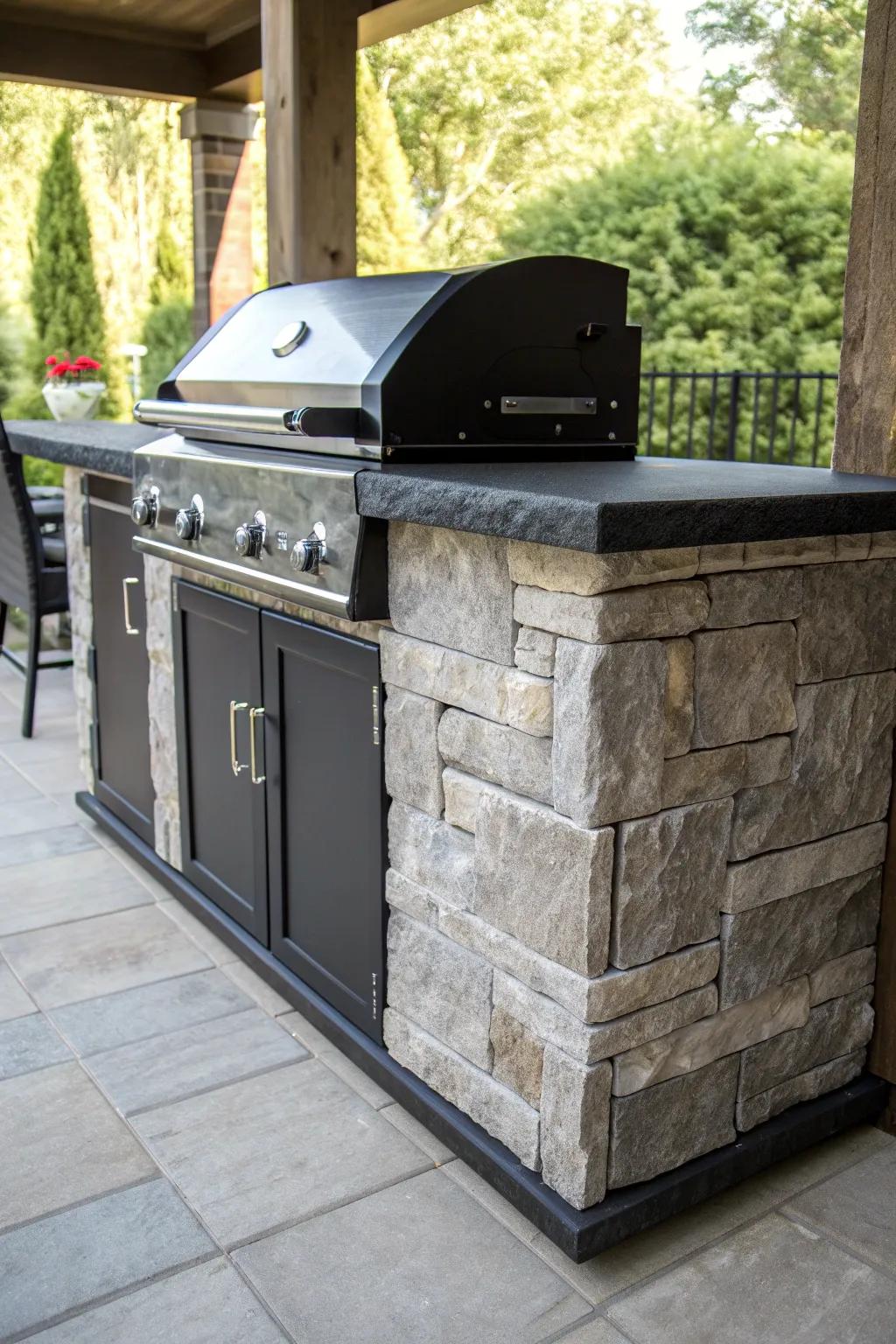 Elevate your outdoor cooking space with a sophisticated stone finish for your grill station.