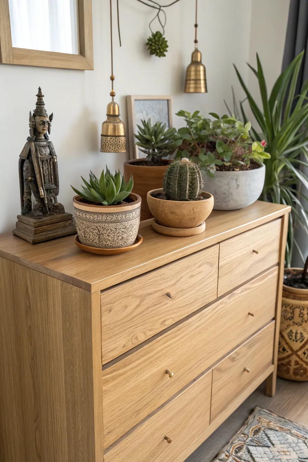Transform your dresser into a bohemian oasis with succulents and vintage treasures.