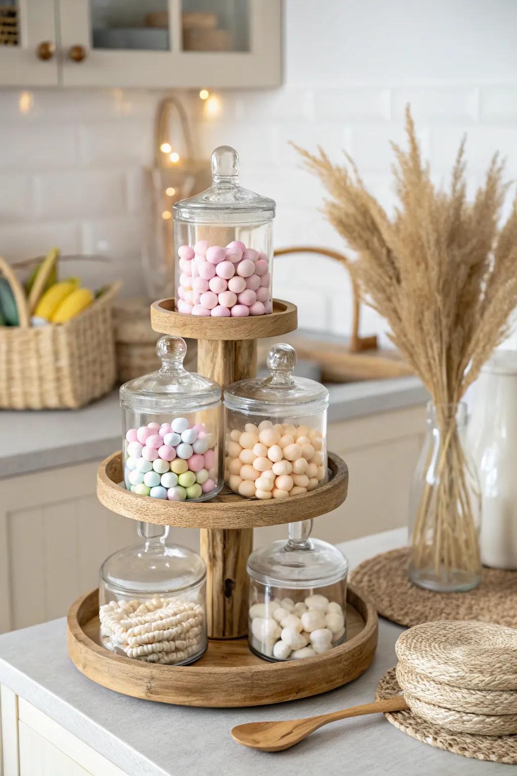 Elevate your gatherings with a stunning tiered candy display that blends minimalist elegance with a touch of Boho charm.