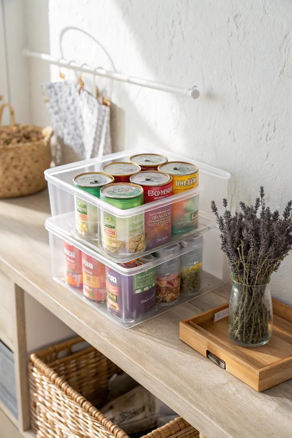 Transform your pantry with stylish stackable bins for a seamless blend of function and beauty.