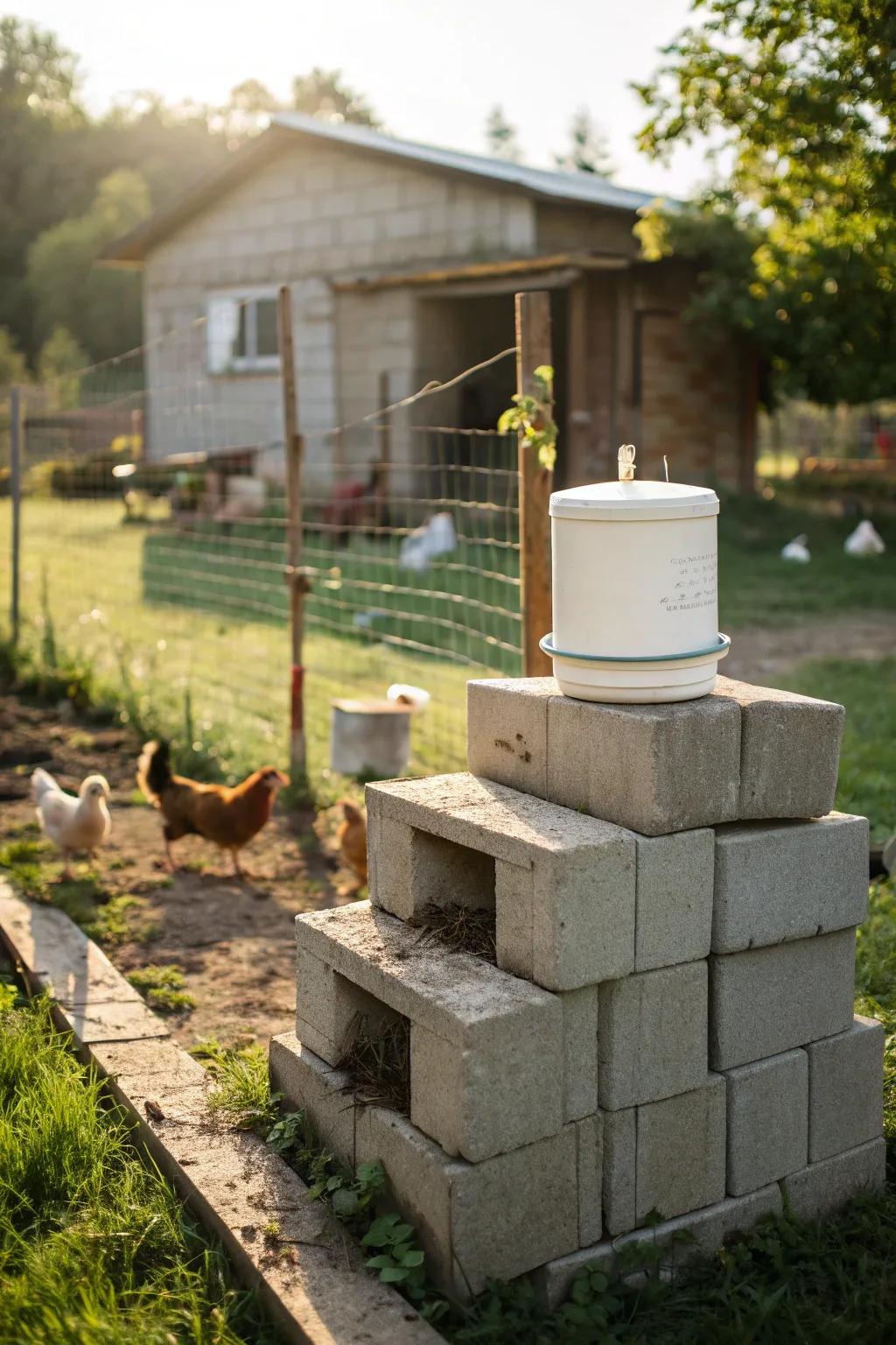Craftsmanship meets practicality: A sturdy cement block base for your DIY chicken waterer.