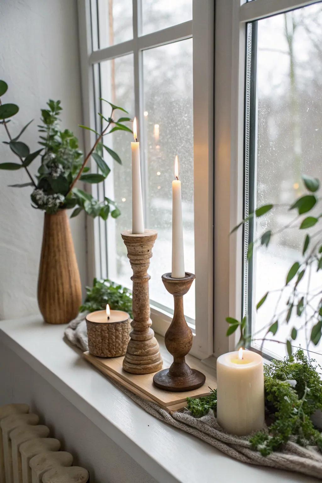 Illuminate your holiday season with a minimalist candlestick display, bringing warmth and elegance to your window sill.