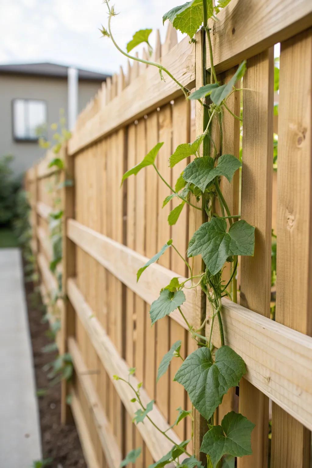 Elevate your garden's style with a simple yet stunning cucumber trellis using your existing fence!