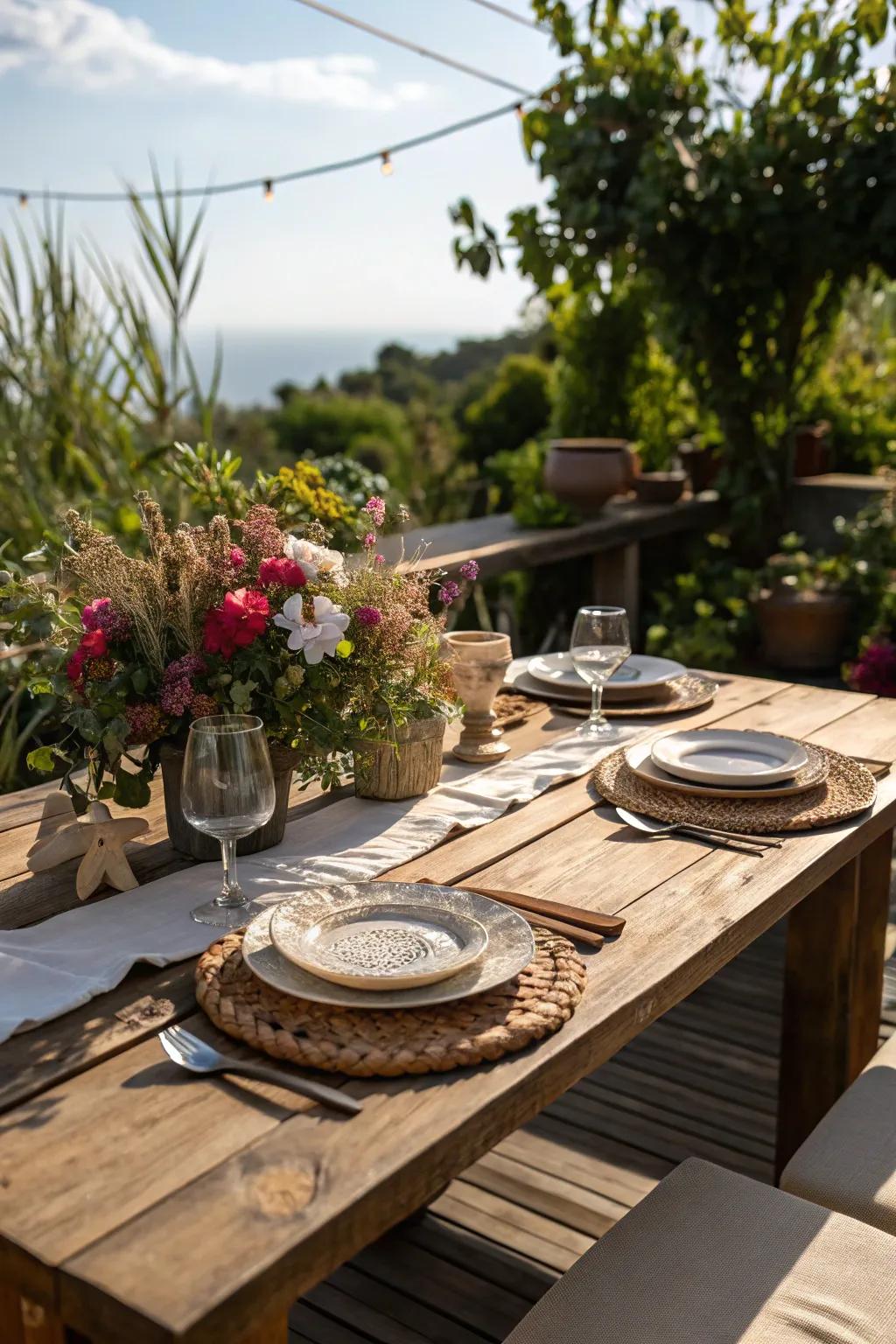 Elevate your outdoor dining experience with handcrafted elegance and nature’s embrace.