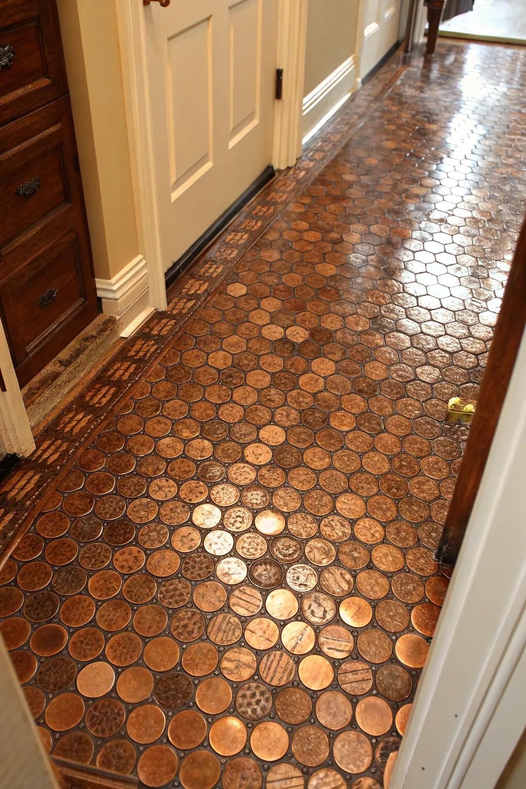 Transform your space with a stunning penny floor — where artistry meets durability.
