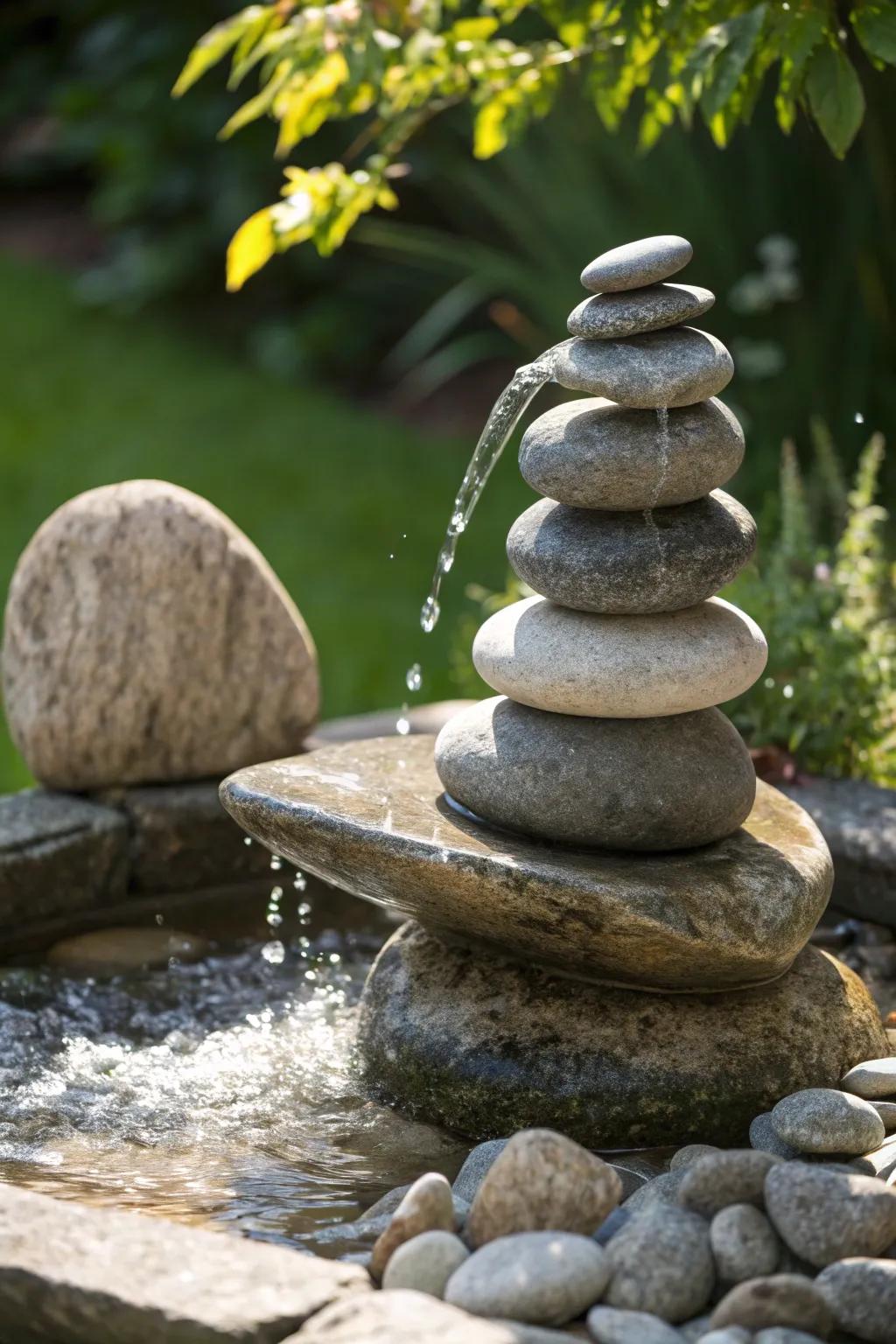 Find serenity in your garden with a handcrafted stone cairn fountain.