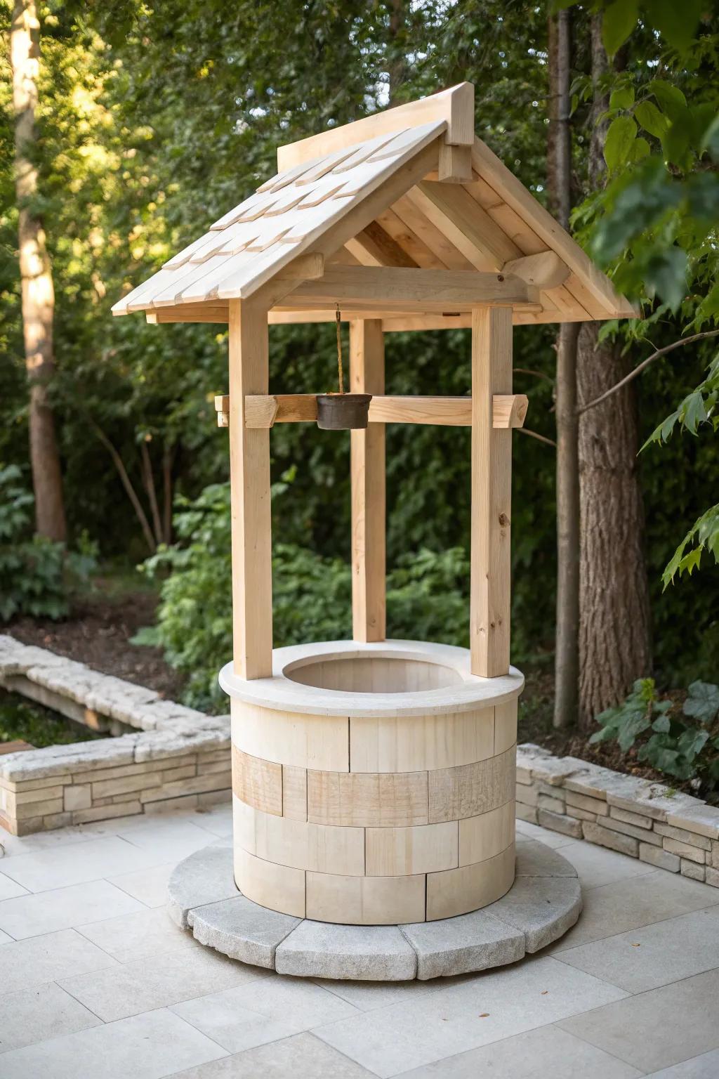 Embrace the elegance of simplicity with this minimalist garden wishing well, where craftsmanship meets natural beauty.