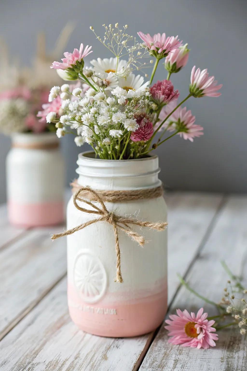 Elevate your space with the simple elegance of painted mason jar vases. Perfect for a touch of natural beauty on a budget.