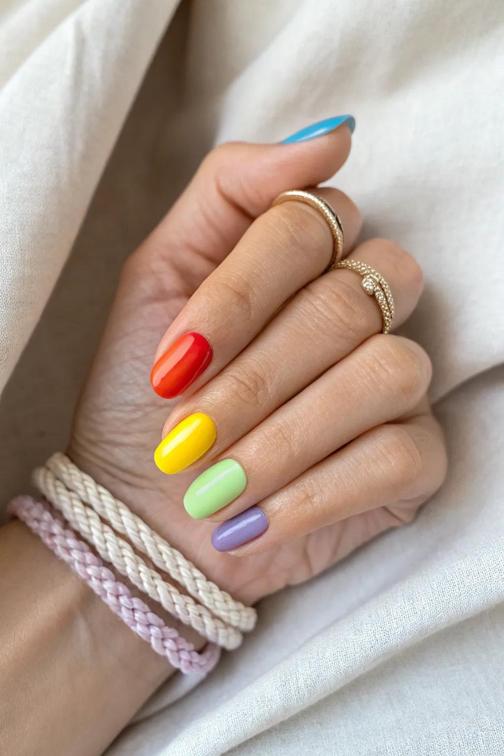 Embrace the rainbow with this vibrant DIY nail art, perfect for adding a pop of color to your day!