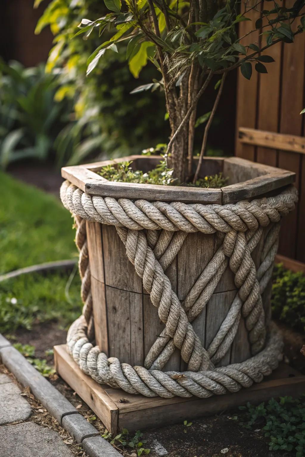 Elevate your garden's charm with handcrafted nautical rope decor.