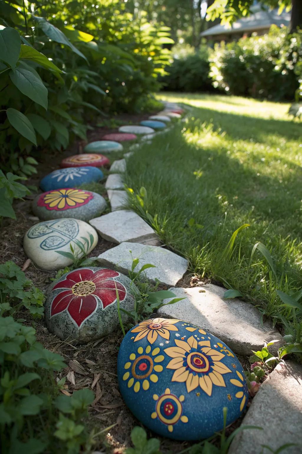 Step into a world of creativity with your very own painted stone pathway. Where craftsmanship meets imagination.