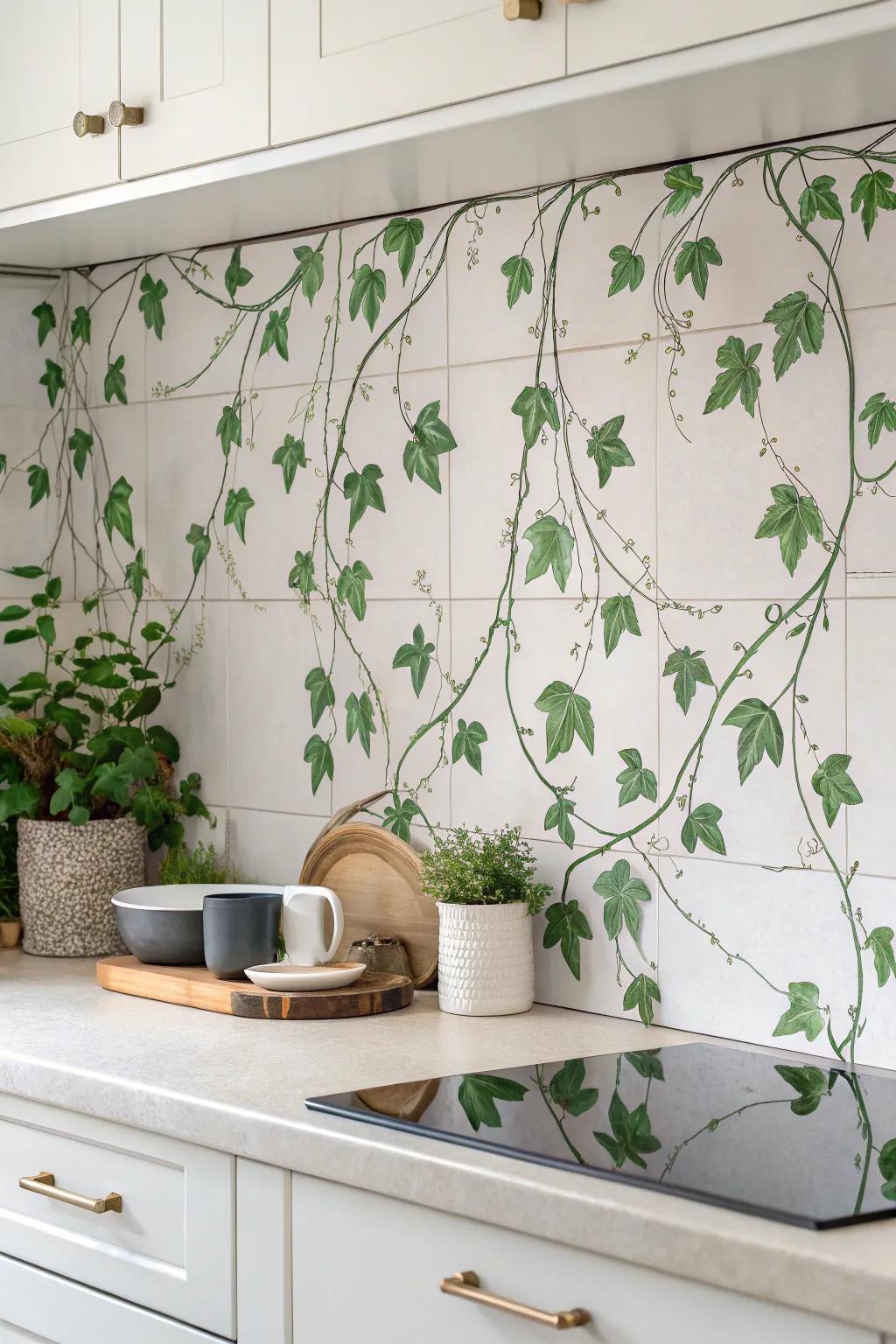 Transform your kitchen with a touch of nature: DIY leafy green backsplash for a serene and stylish space.