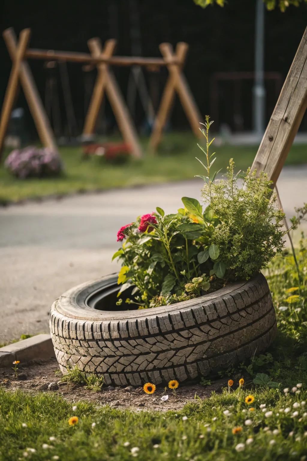 Transform old tires into charming playground borders with a splash of greenery!