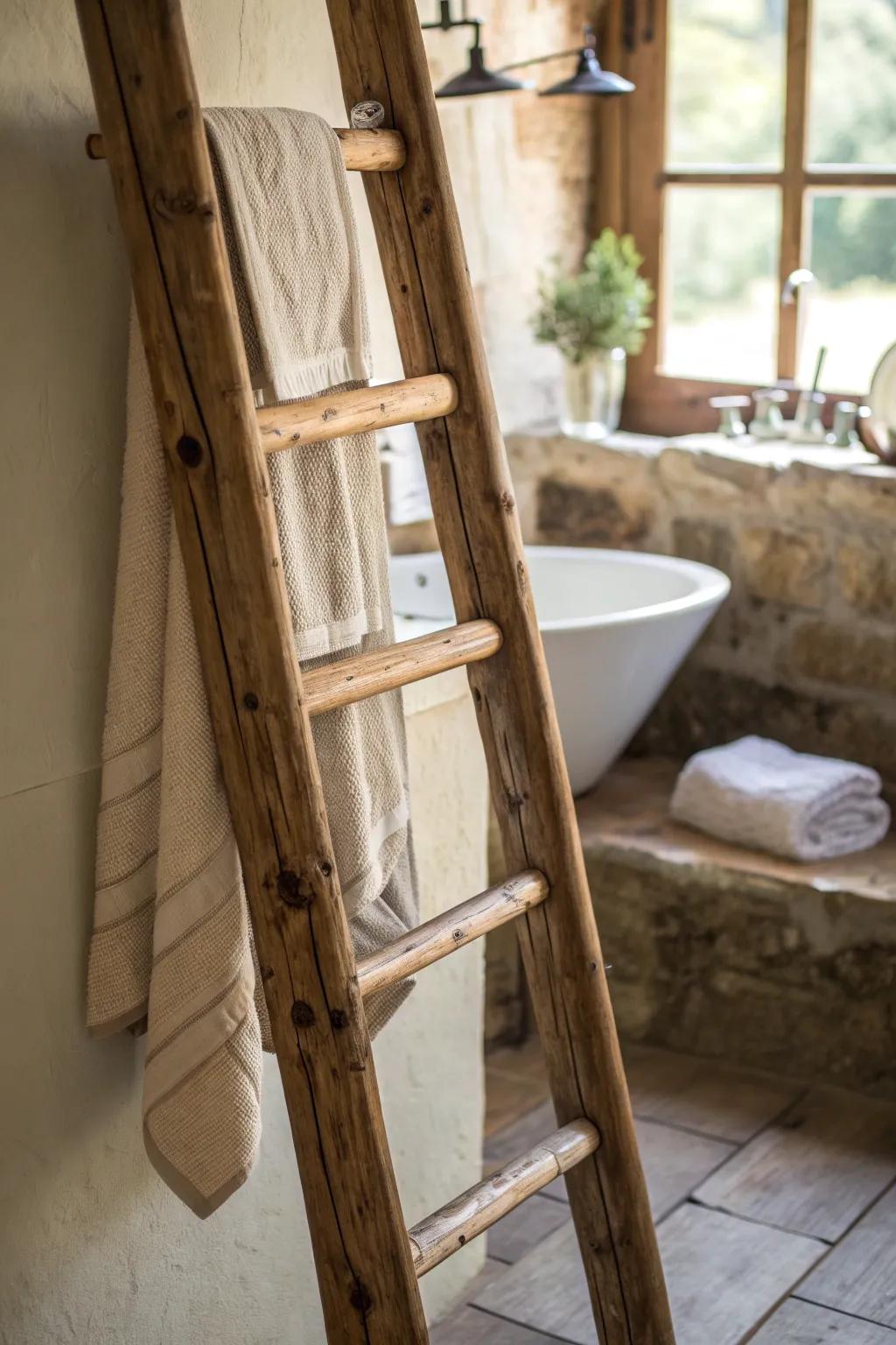 Elevate your bathroom decor with a rustic storage ladder—function meets style in every handcrafted detail.