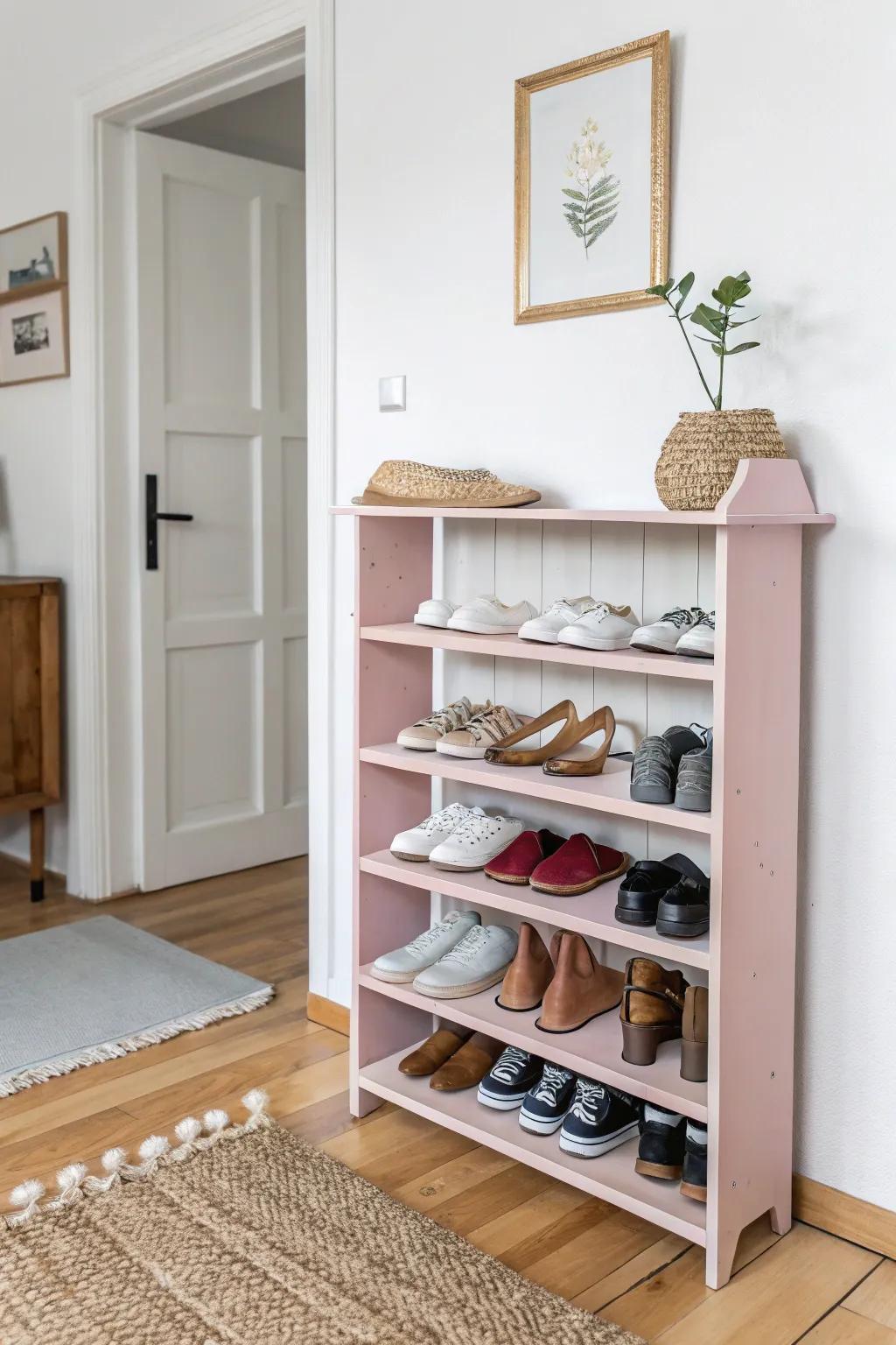 Turn your old bookshelf into a chic shoe rack—where style meets simplicity! #DIYHomeDecor #ScandinavianDesign