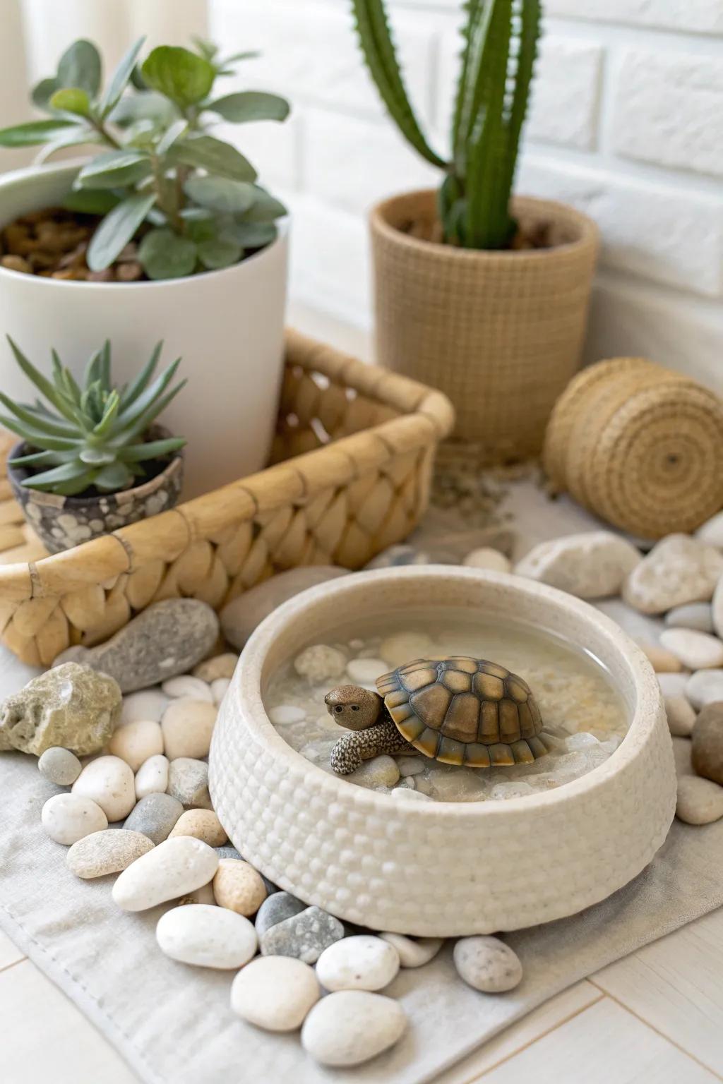 Create a serene oasis for your tortoise with a touch of minimalist elegance and boho charm. 🌿🐢