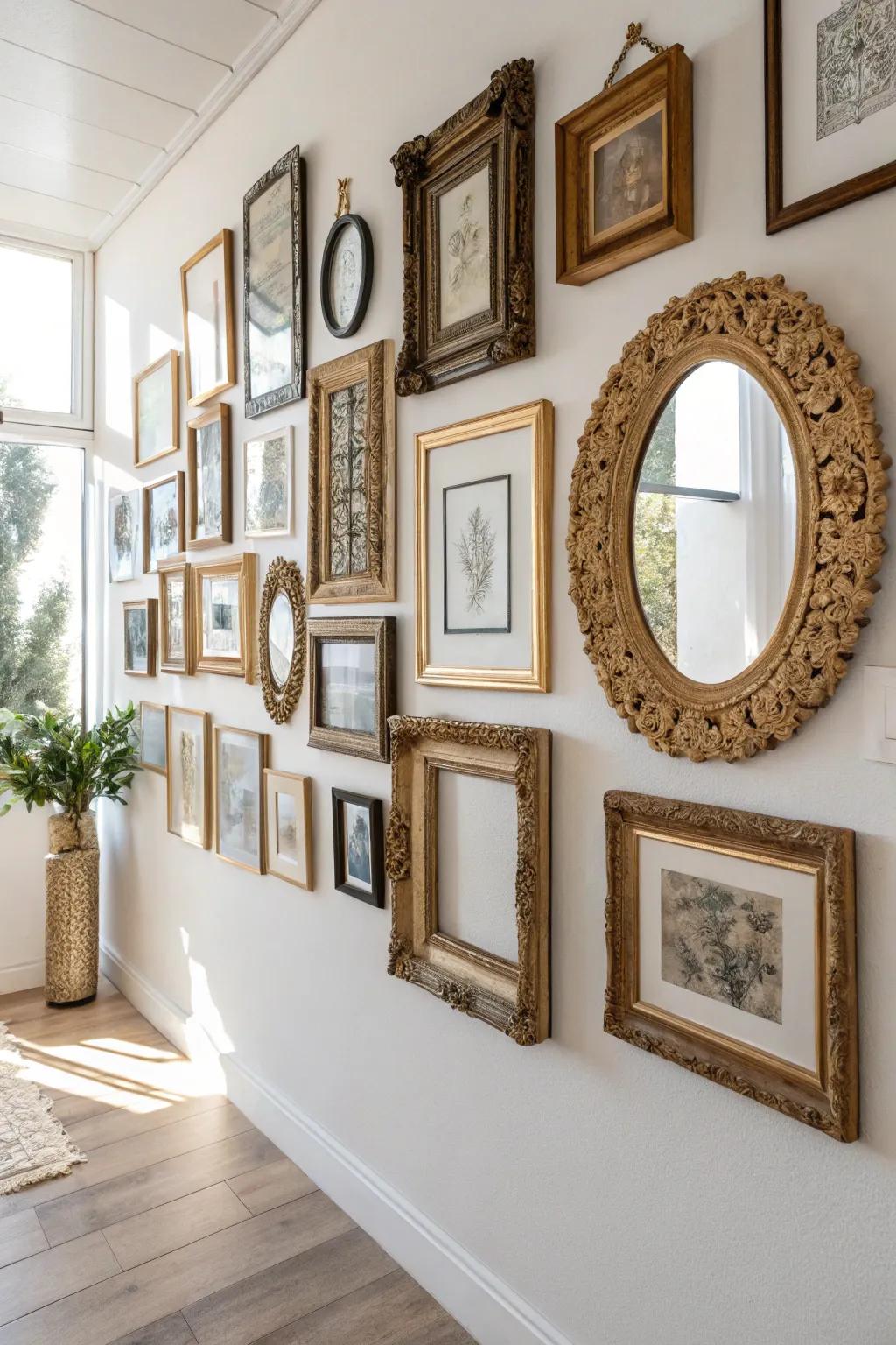 Embrace the charm of vintage frames for a minimalist gallery wall that's both eclectic and elegant.