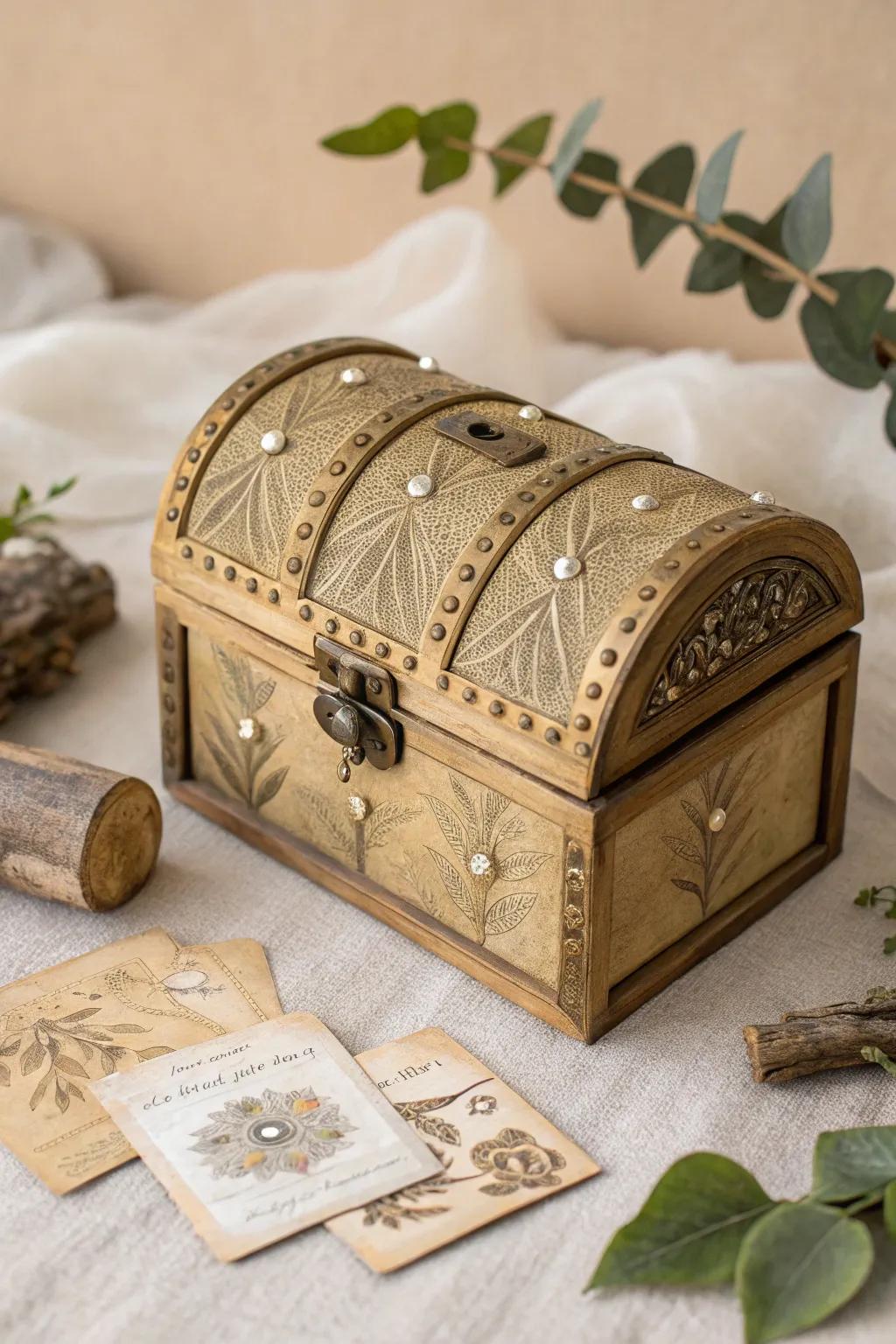 Discover the charm of a gold-painted treasure chest card box—an elegant fusion of whimsy and craftsmanship for your special day.