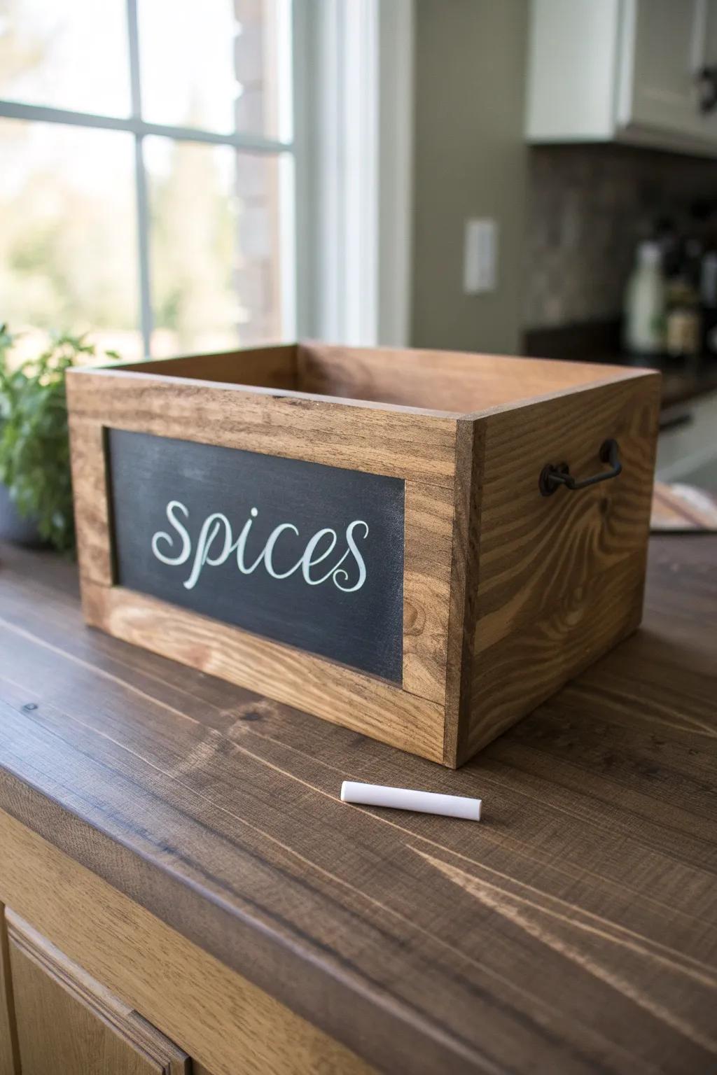 Elevate your storage game with this DIY chalkboard wooden box - perfect for organizing and personalizing your kitchen spices.